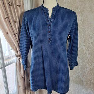 Mentor Women's Size XL Denim Shirt Mandarin Collar Check/Plaid 3/4 Sleeve EUC